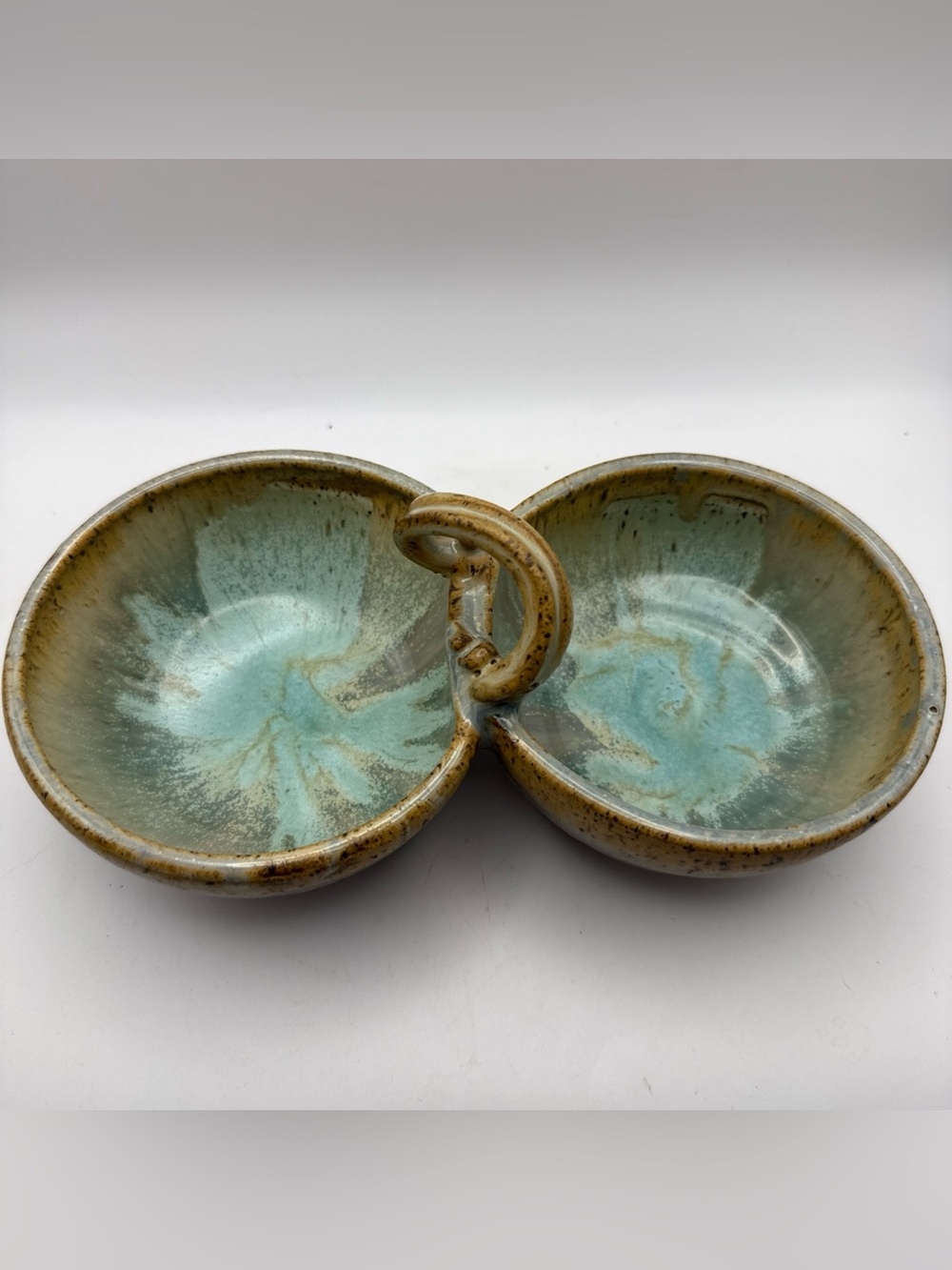 Studio Handmade Pottery Double Serving Dish Aqua Blue Periwinkle & Brown Signed